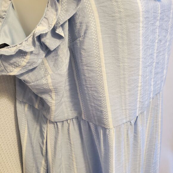 BCBG Paris Light Blue Crepe Midi Dress Size L Babydoll Summer Peasant Stripped - Picture 4 of 9